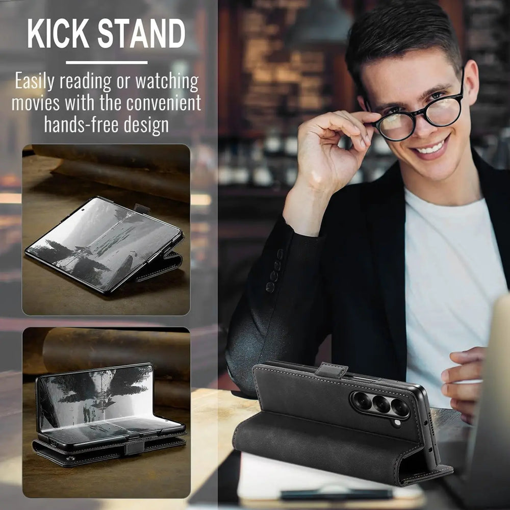 Schwarze Lederhülle für Samsung Galaxy Z Fold 7, von vorne, aufgeklappt