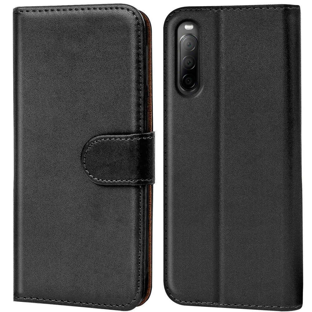 Schwarze Leder-Klapphülle mit Kartenfächern für Sony Xperia 10 II, Vorder- und Rückansicht.