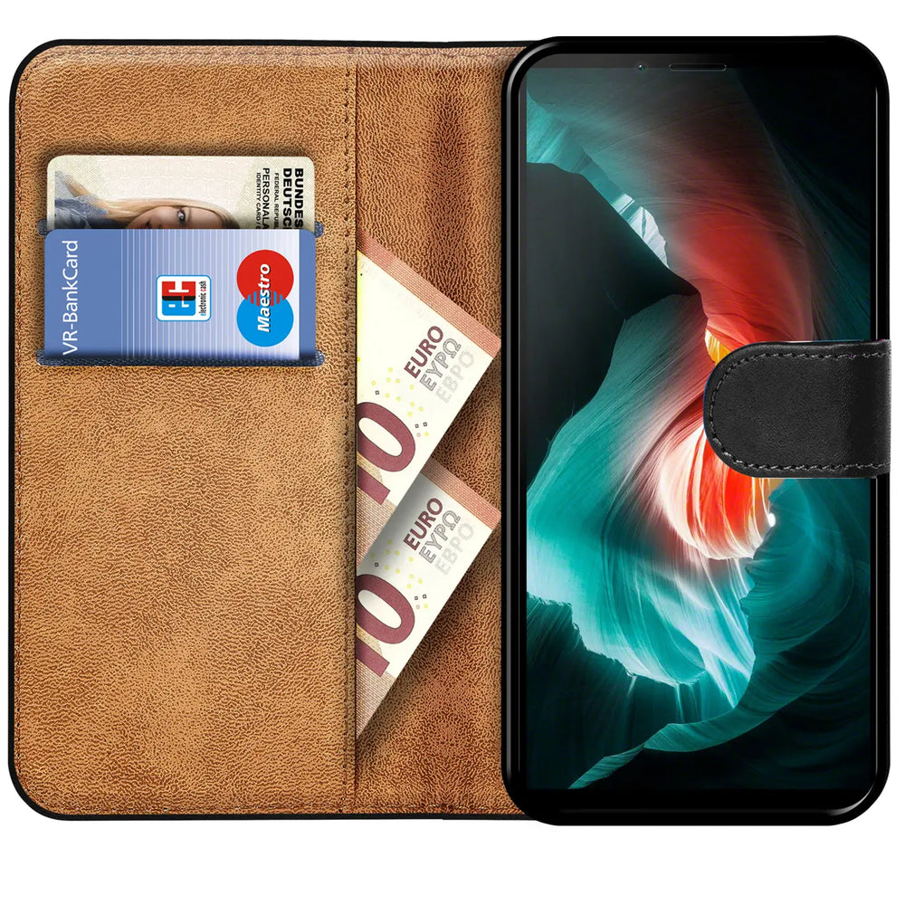 Braune Leder-Klapphülle mit Kartenfächern und Geldscheinen, zeigt Sony Xperia 10 II.