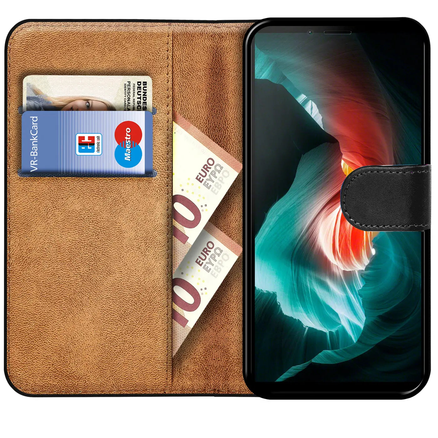 Braune Leder-Klapphülle mit Kartenfächern und Geldscheinen, zeigt Sony Xperia 10 II.