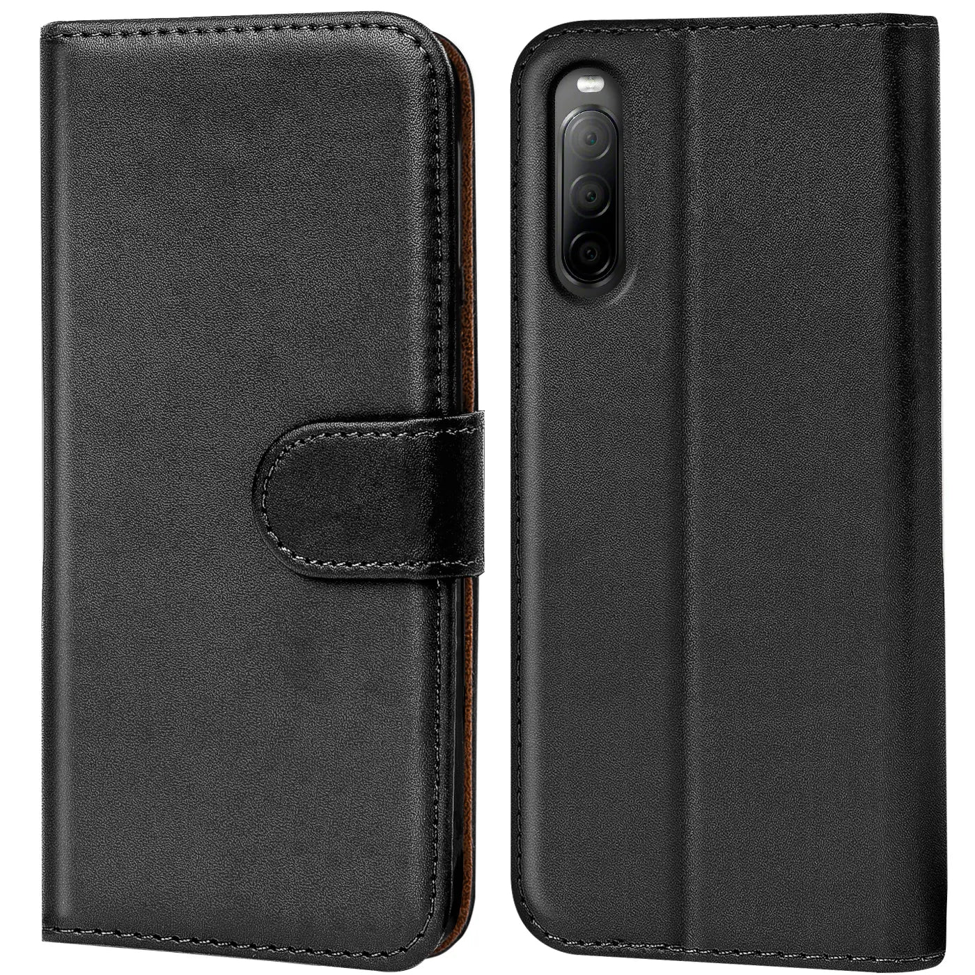 Schwarze Leder-Klapphülle mit Kartenfächern, Vorder- und Rückansicht, für Sony Xperia 10 III.