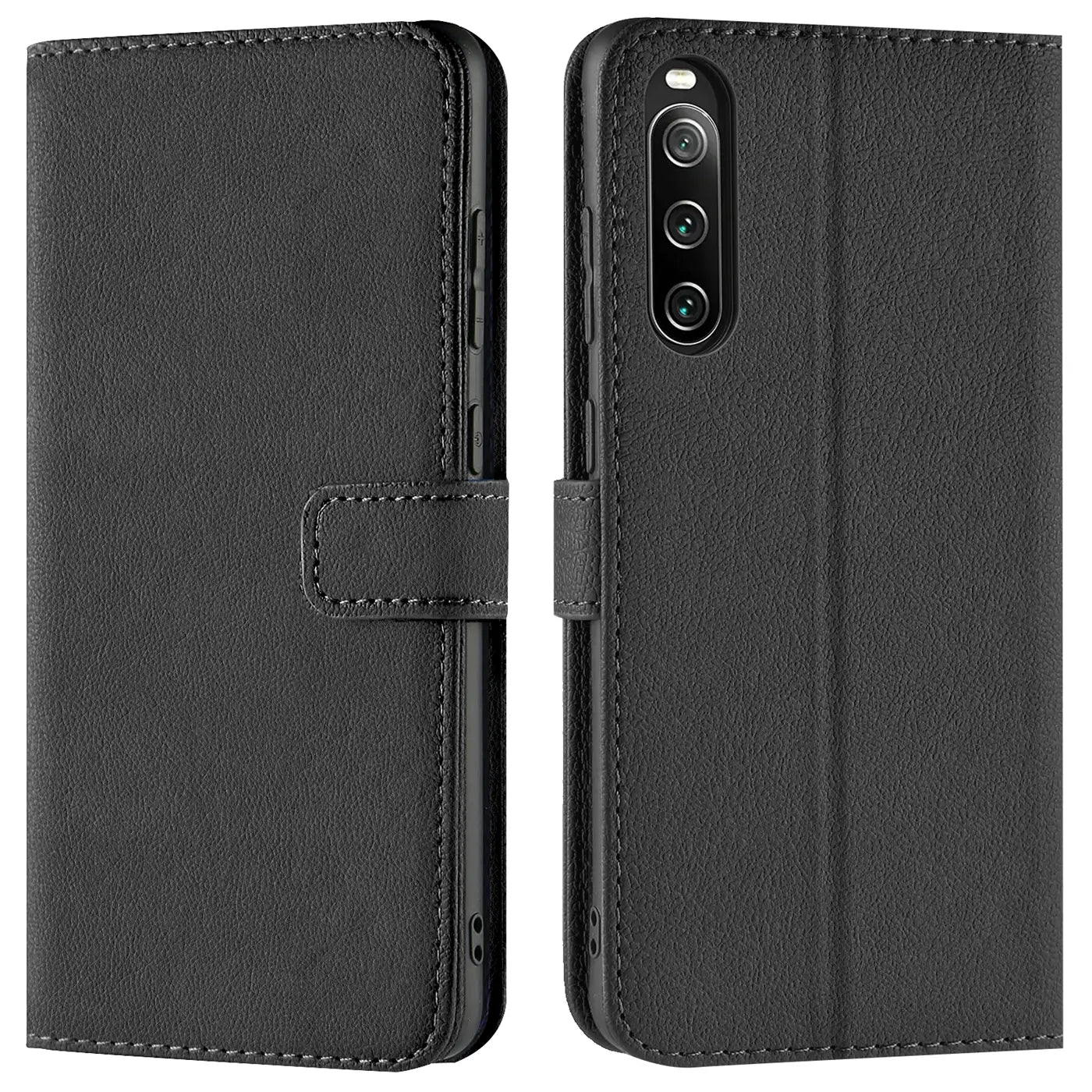 Schwarze Leder-Klapphülle für Sony Xperia 10 IV, Vorder- und Rückansicht.