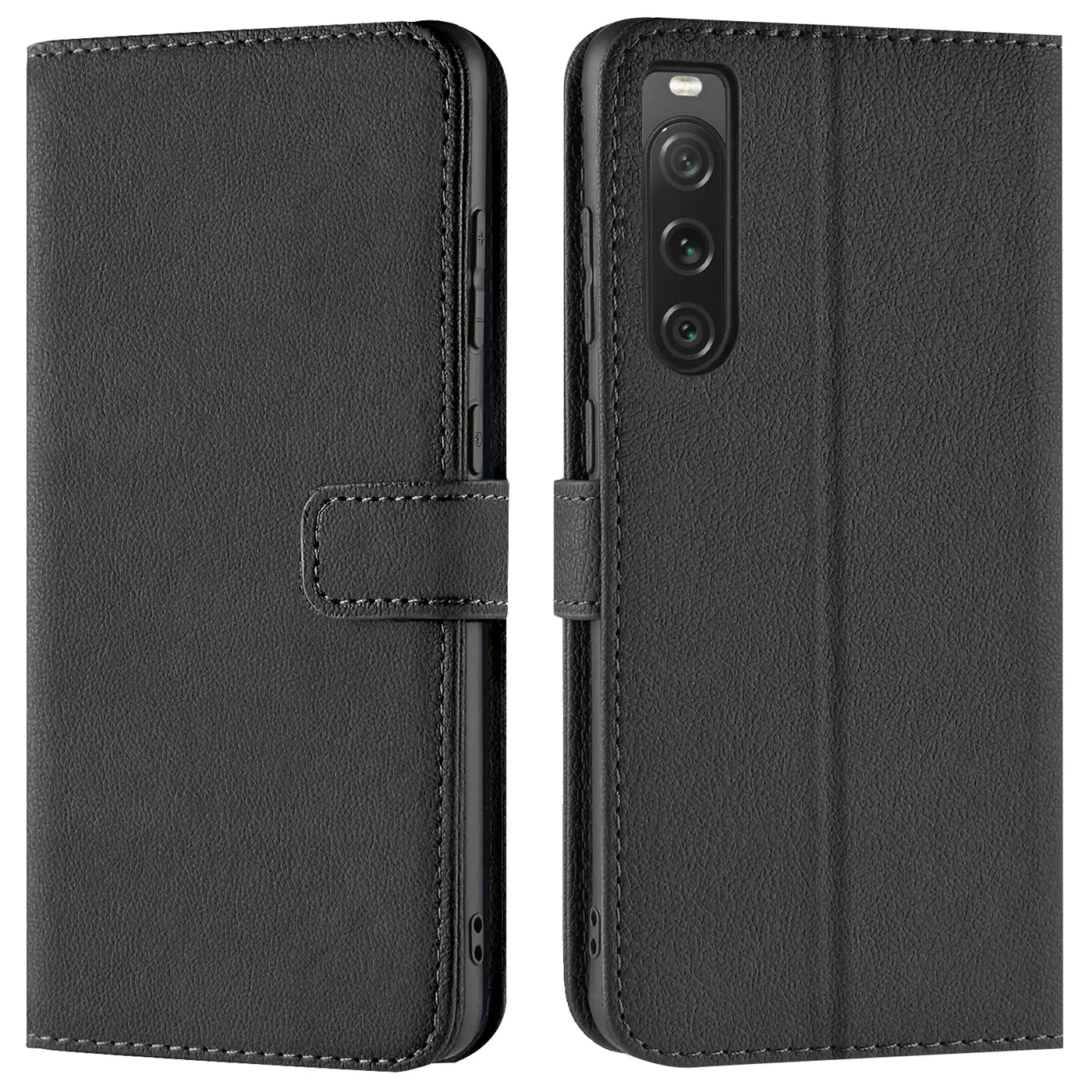 Schwarze Leder-Klapphülle mit Kartenfächern, Vorder- und Rückansicht, für Sony Xperia 10 V.