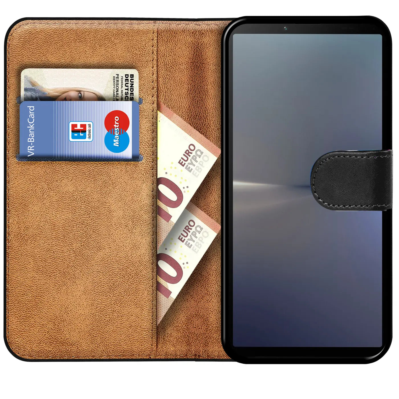 Braune Klapphülle aus Kunstleder mit Kartenfächern, zeigt Sony Xperia 10 V.
