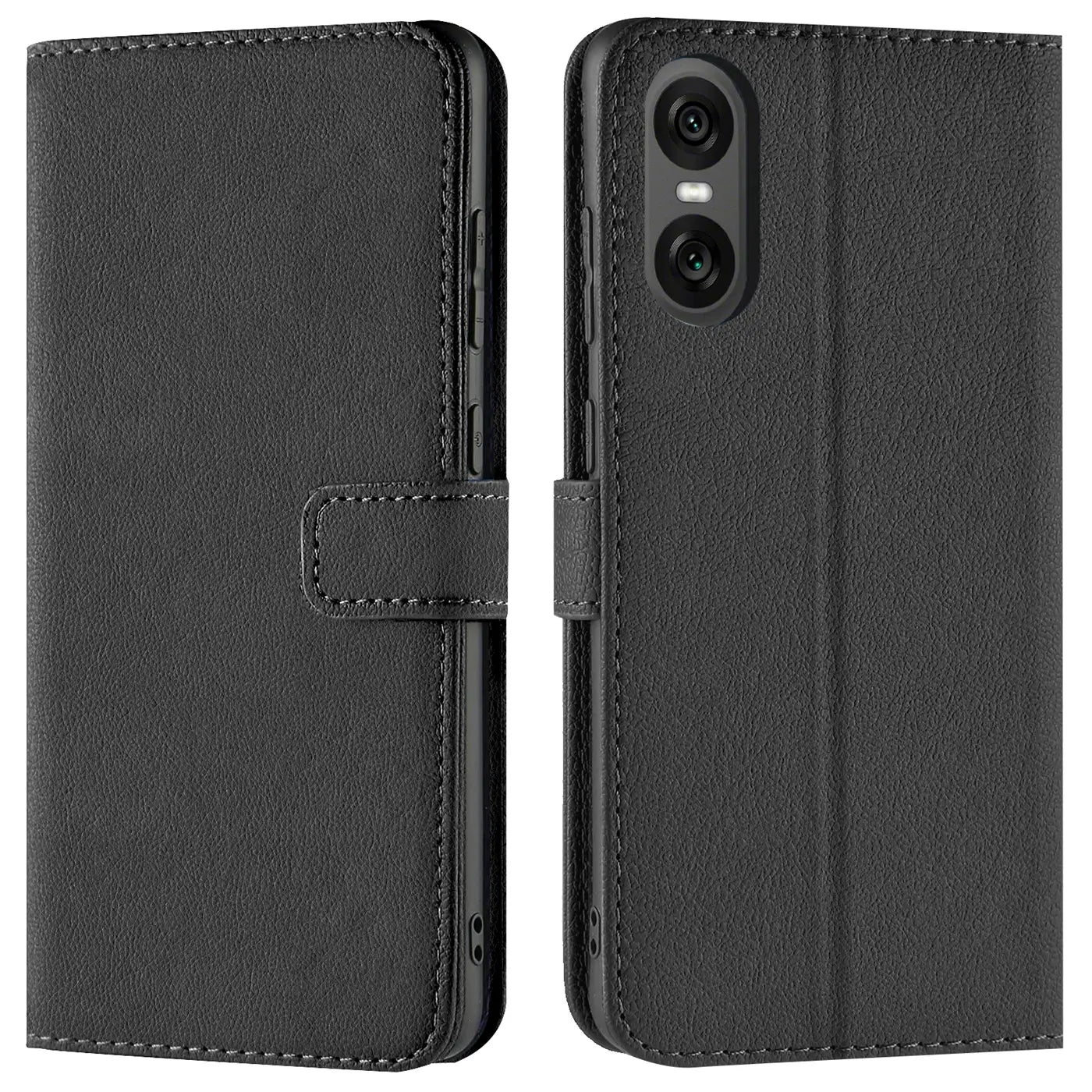 Schwarze Leder-Klapphülle mit Kartenfächern, Vorder- und Rückansicht, Sony Xperia 10 VI.