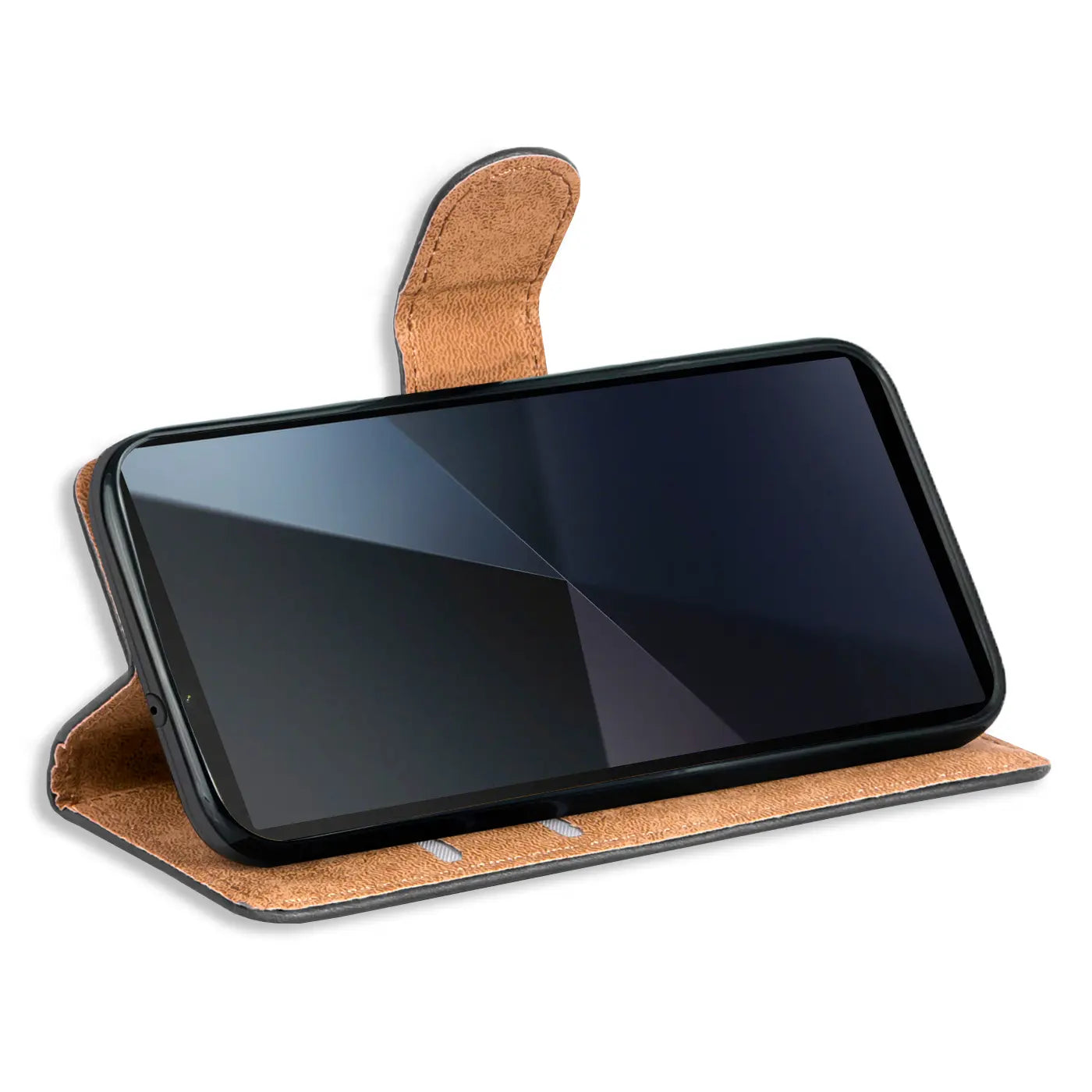 Braune Leder-Klapphülle mit Kartenfächern, zeigt ein Sony Xperia 10 VI von vorne.