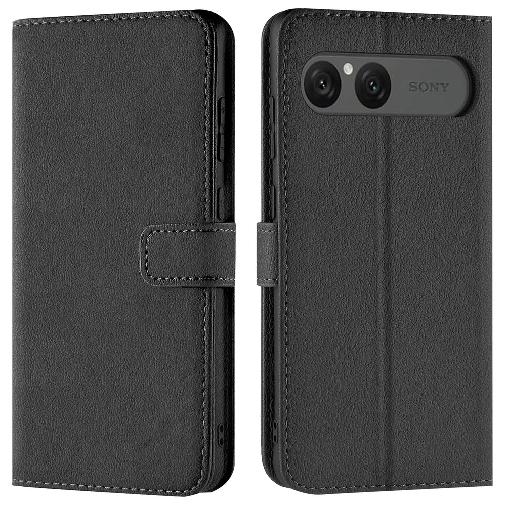 Schwarze Leder-Klapphülle mit Kartenfächern, Vorder- und Rückansicht, Sony Xperia 10 VII.