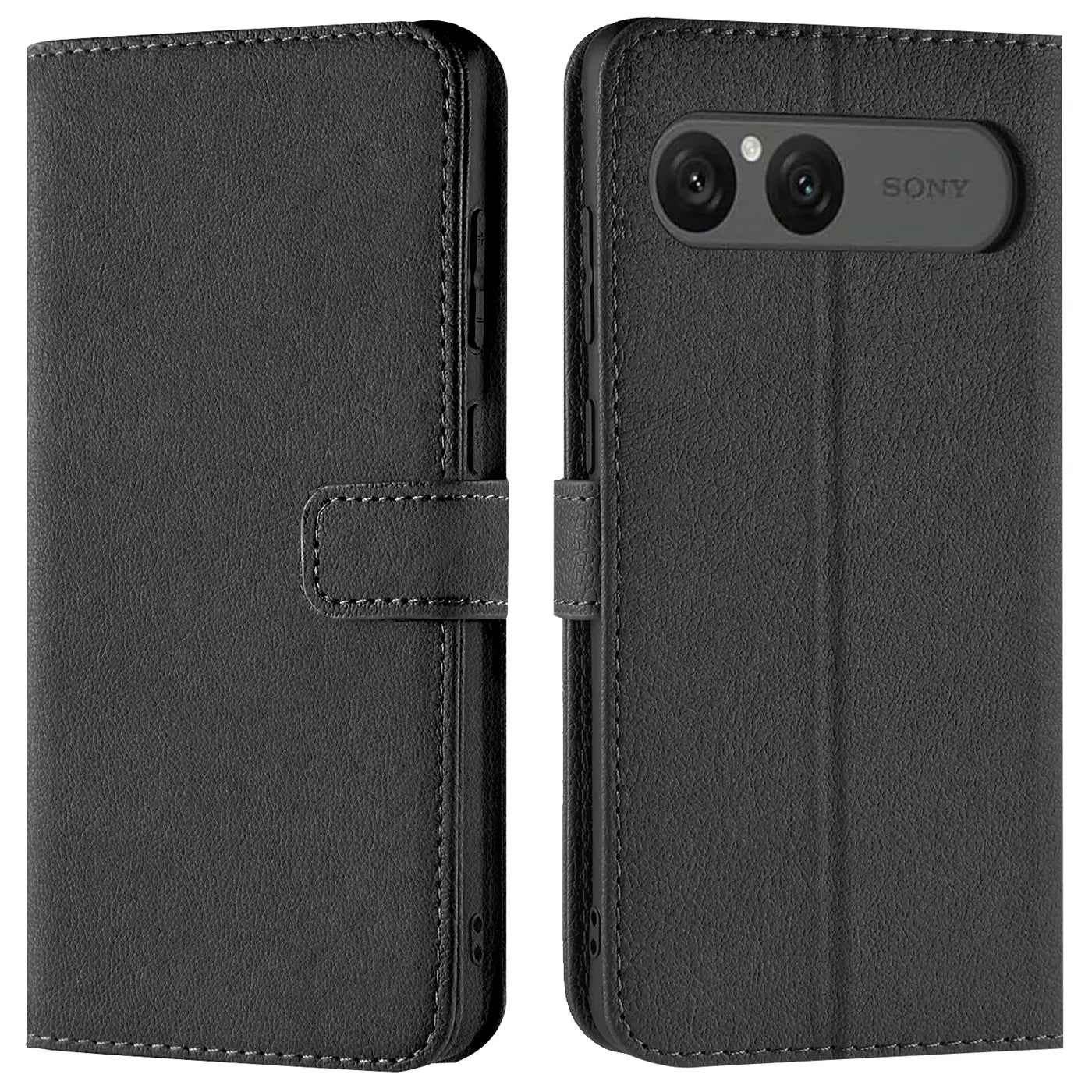 Schwarze Leder-Klapphülle mit Kartenfächern, Vorder- und Rückansicht, Sony Xperia 10 VII.