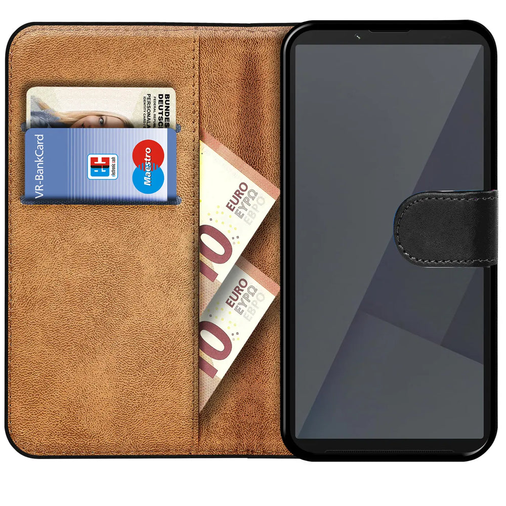 Braune Klapphülle aus Lederimitat mit Kartenfächern, zeigt Sony Xperia 10 VII.
