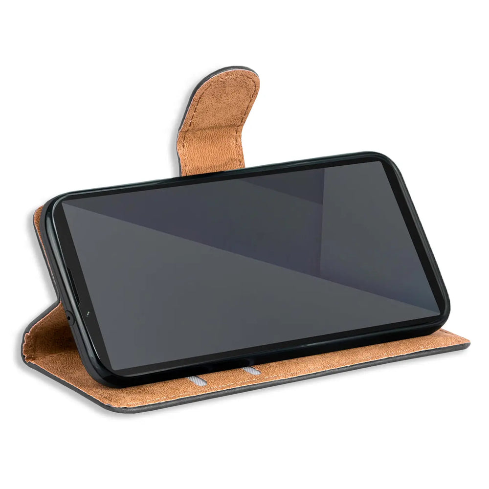 Braune Leder-Klapphülle mit Kartenfächern, seitliche Ansicht, mit Sony Xperia 10 VII.