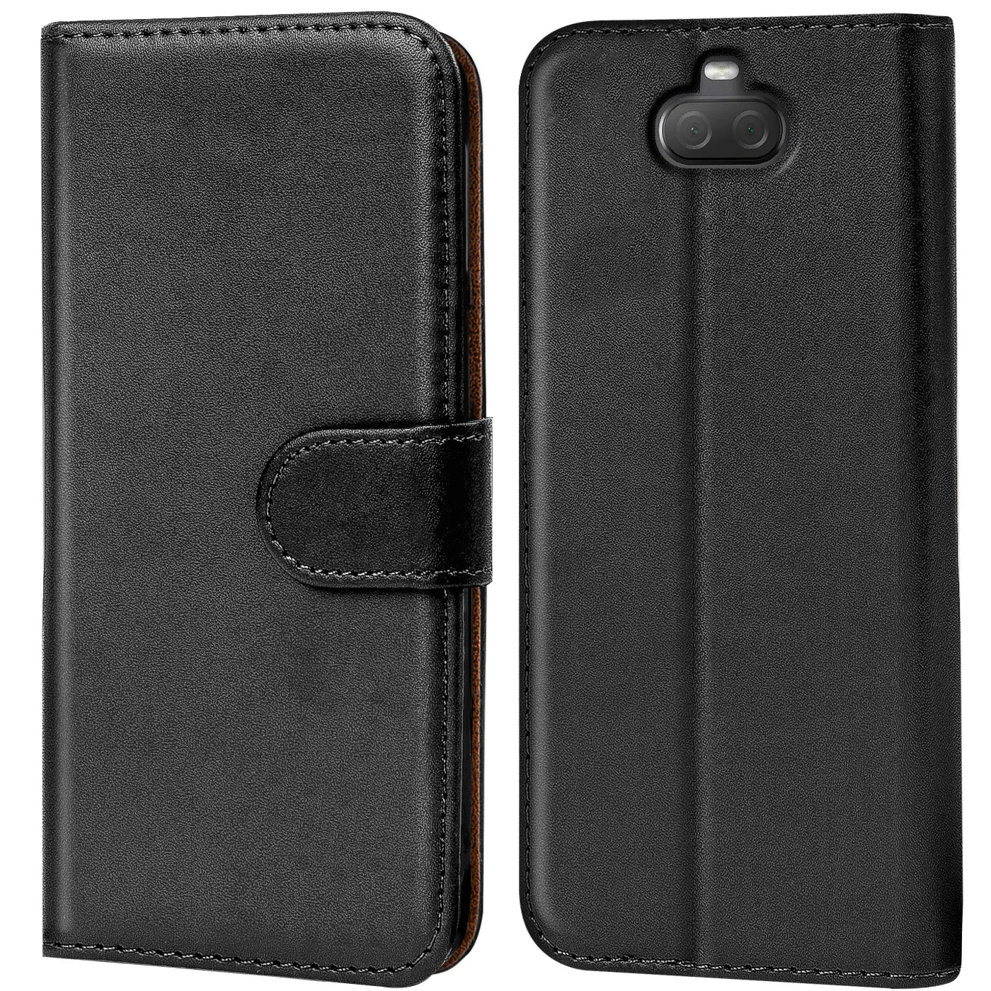 Schwarze Leder-Klapphülle mit Kartenfächern, Vorder- und Rückansicht, für Sony Xperia 10.