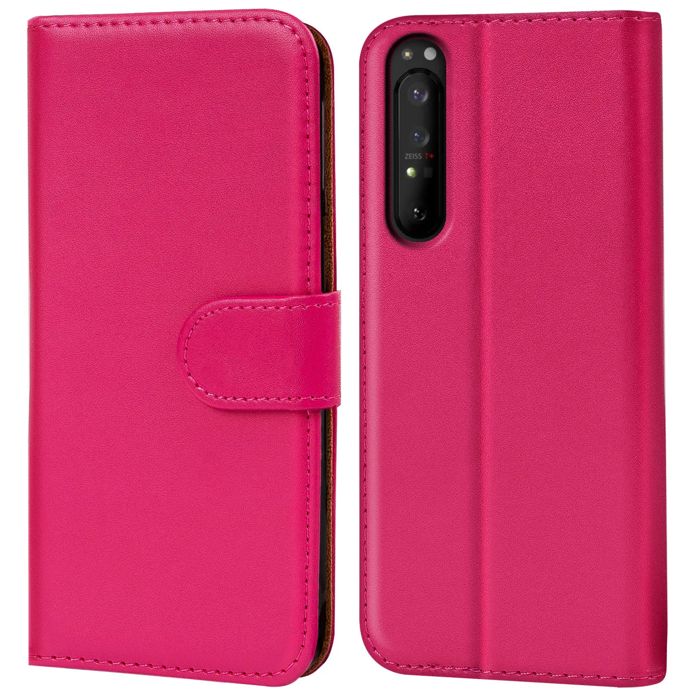 Pink Kunstleder-Klapphülle mit Kartenfächern für Sony Xperia 1 II, Vorder- und Rückansicht.