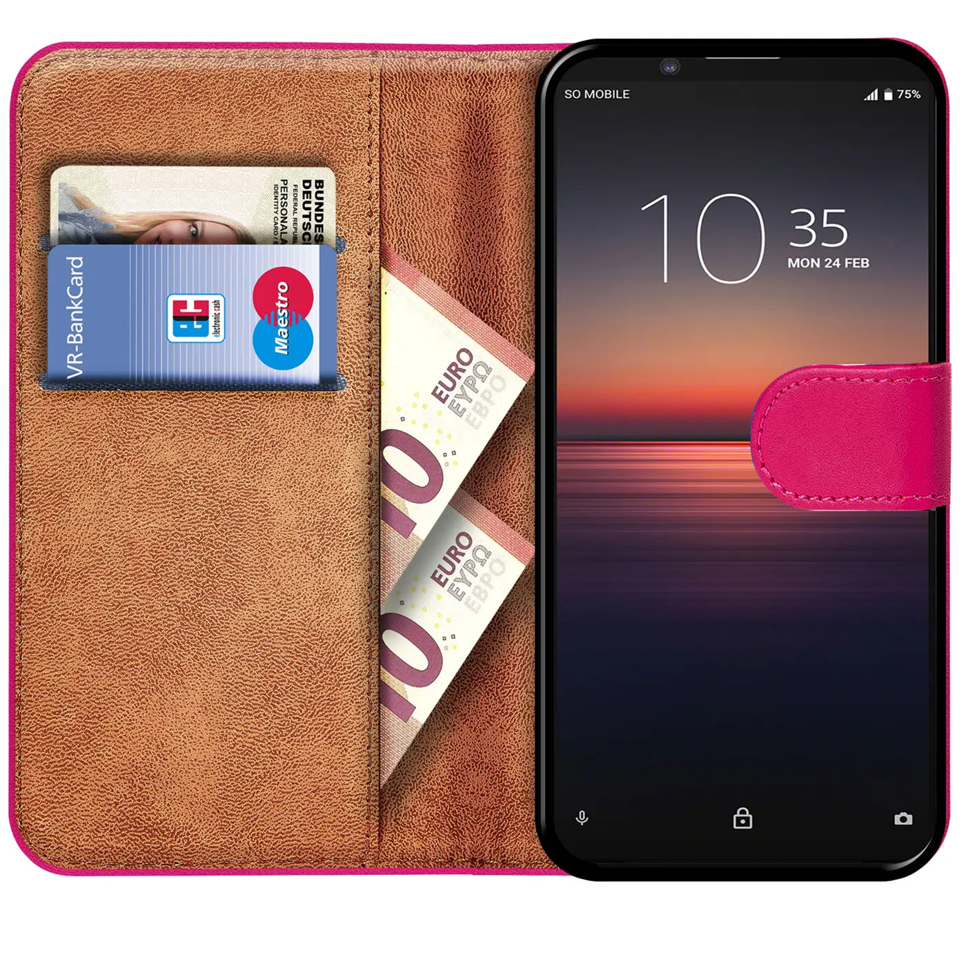 Pink Klapphülle aus Lederimitat mit Kartenfächern und Euro-Scheinen, Sony Xperia 1 II.
