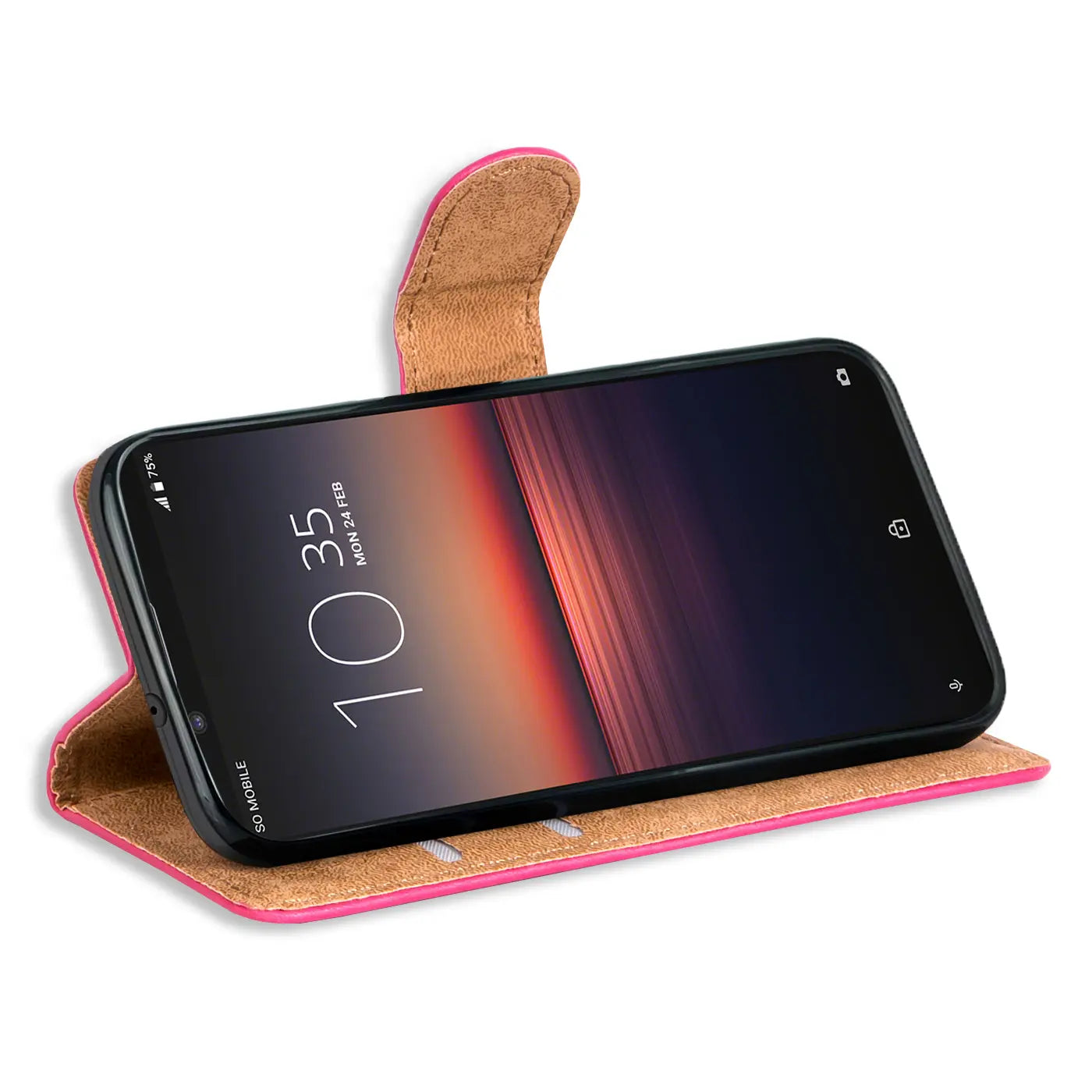 Sony Xperia 1 II Klapphülle, pinkes Leder, von vorne schräg
