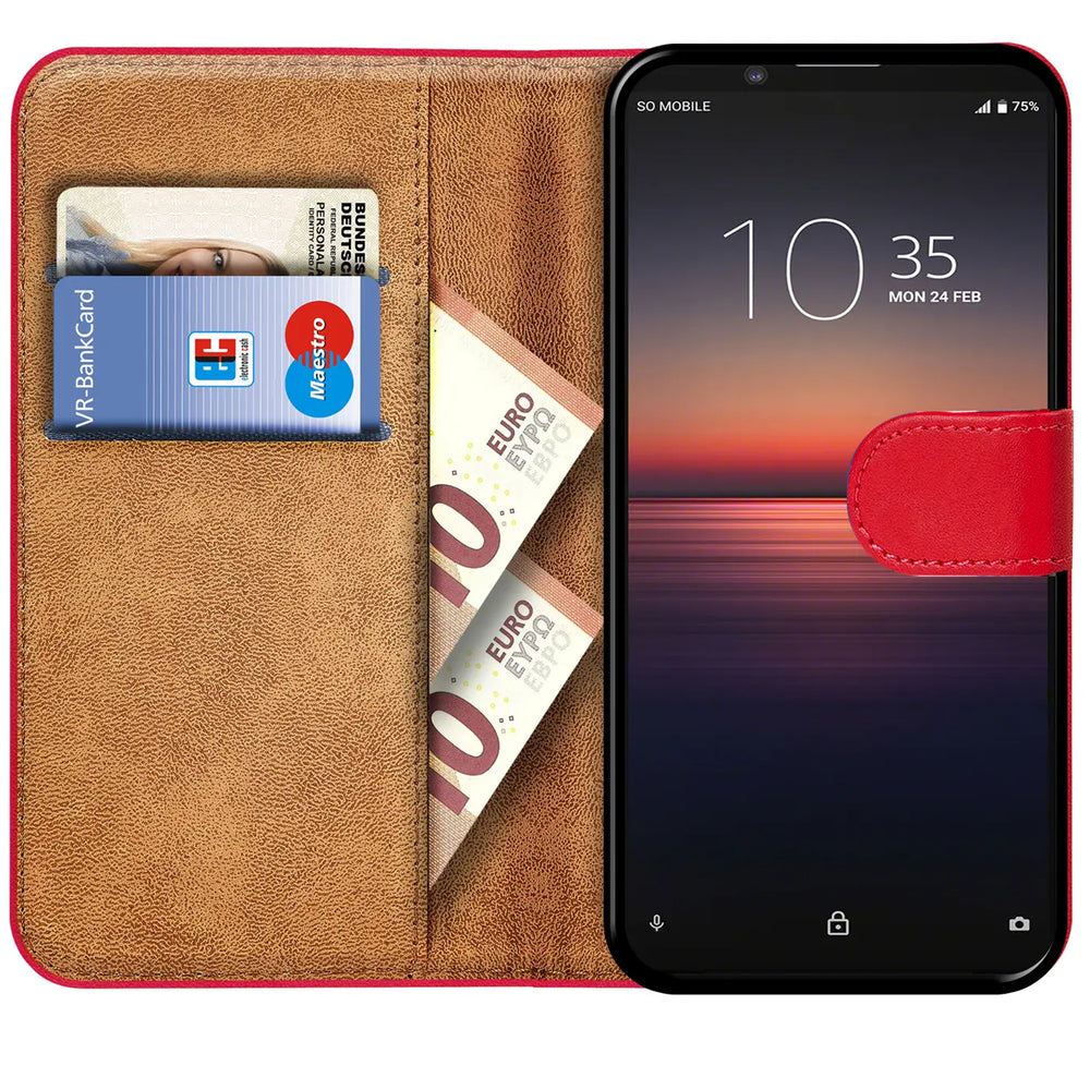 Sony Xperia 1 II Klapphülle in Rot mit Kartenfächern und Schutz