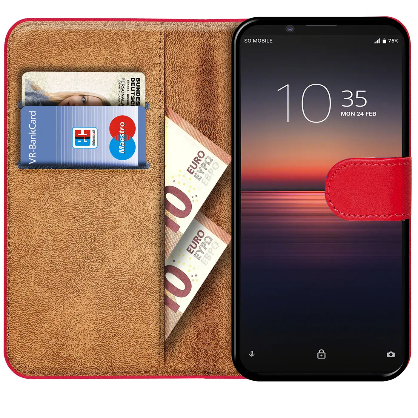 Rote Klapphülle aus Leder mit Kartenfächern und Geldscheinfach, zeigt Sony Xperia 1 II.