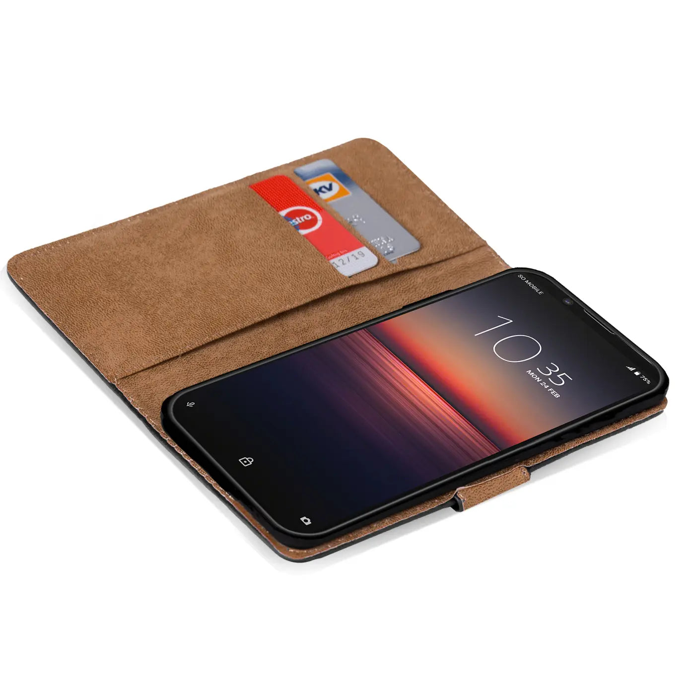 Braune Klapphülle aus Leder mit Kartenfächern, Sony Xperia 1 II von oben links