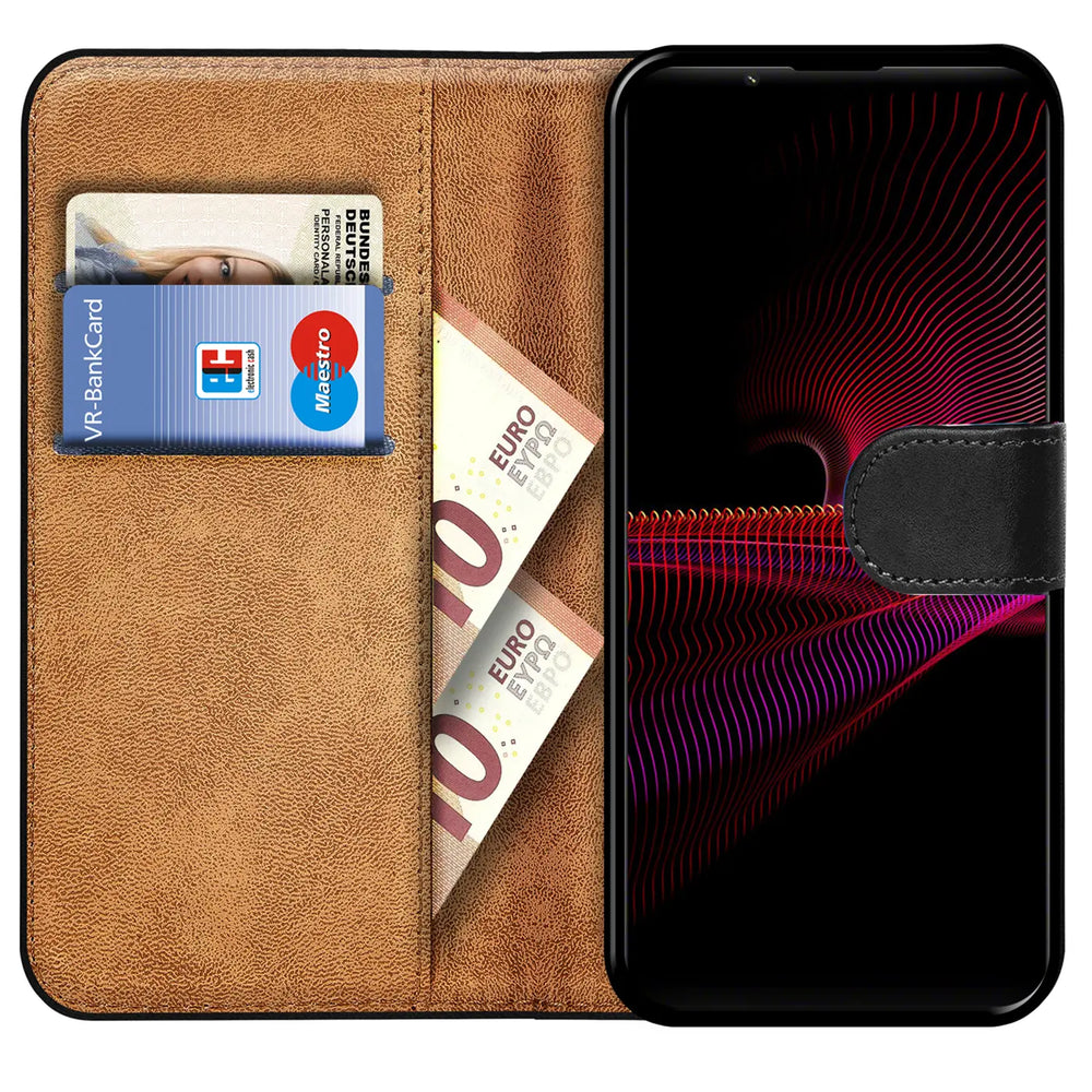 Braune Leder-Klapphülle mit Kartenfächern und Geldscheinen, zeigt Sony Xperia 1 III.