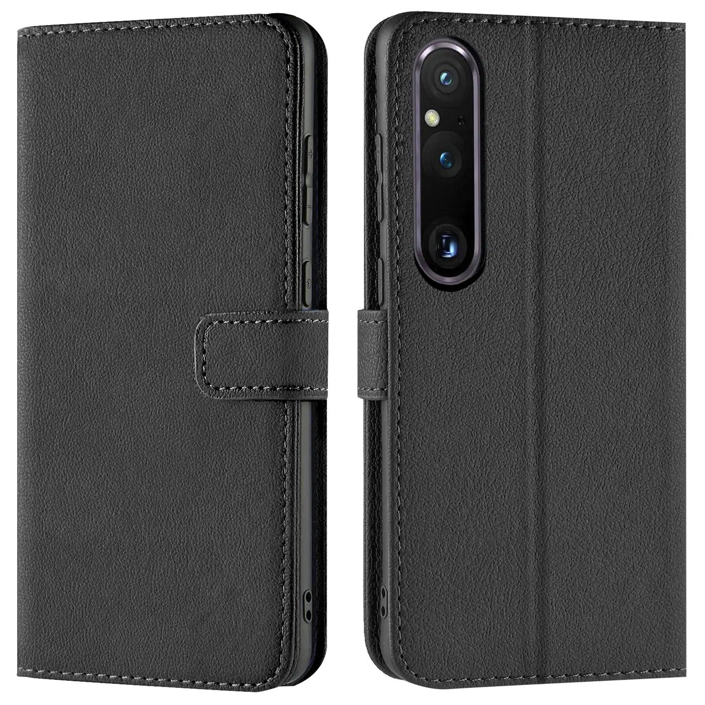 Schwarze Leder-Klapphülle mit Kartenfächern, Vorder- und Rückansicht, Sony Xperia 1 V.