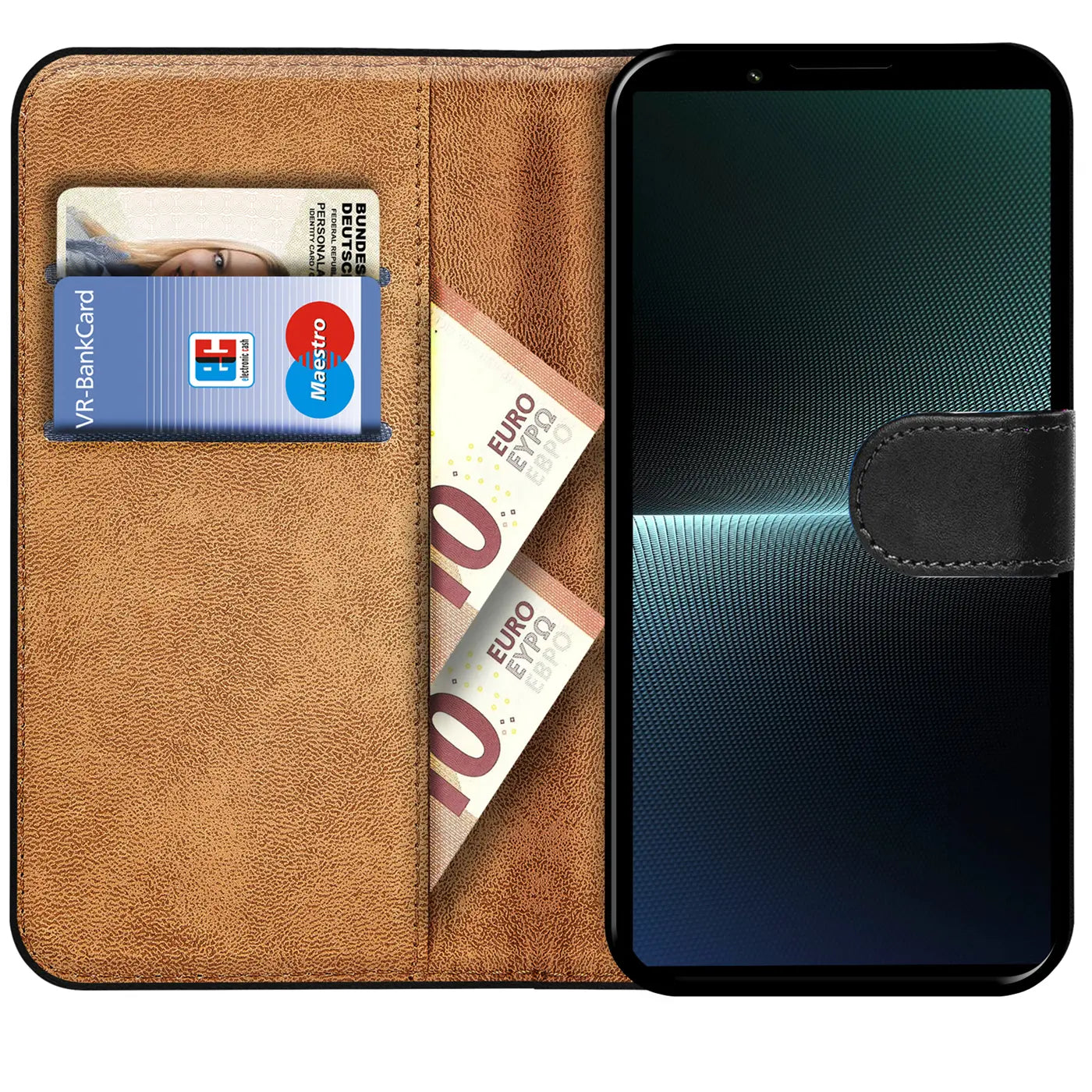 Braune Kunstleder-Klapphülle mit Kartenfächern und Geldscheinfach, zeigt Sony Xperia 1 V.