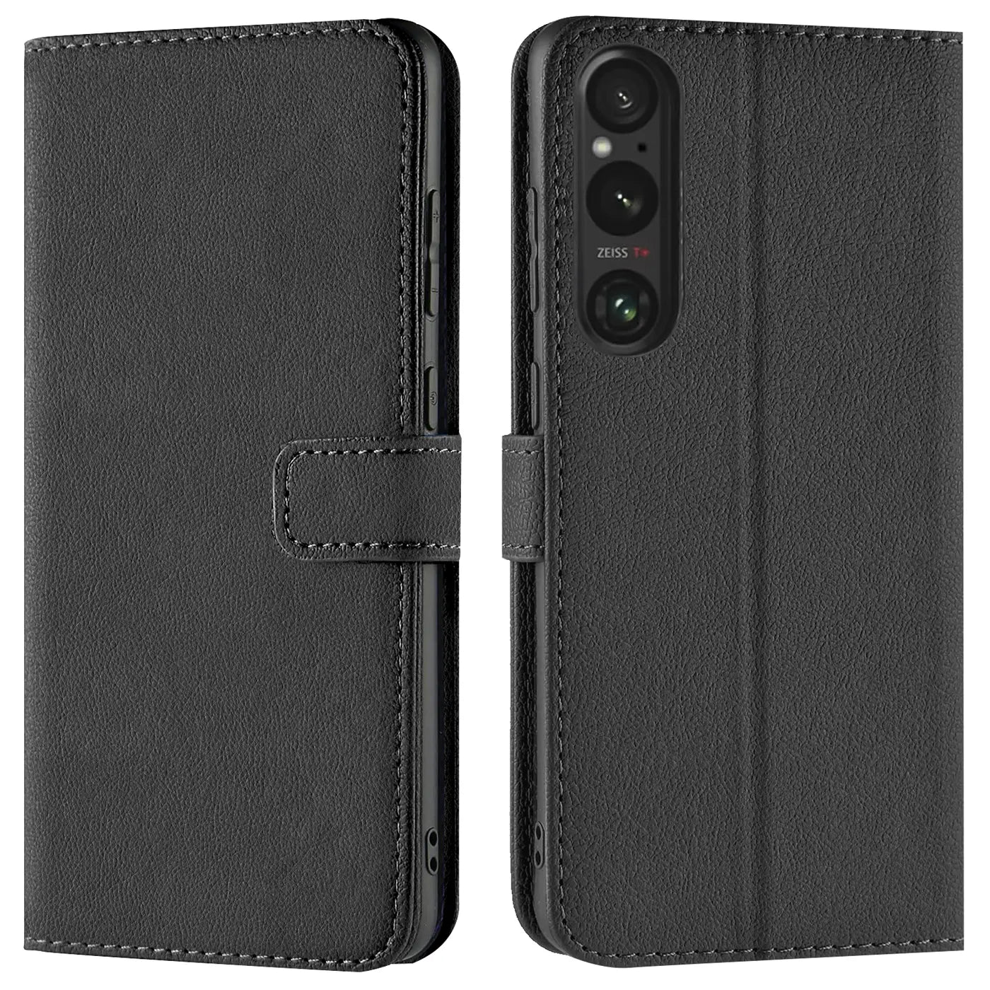 Schwarze Leder-Klapphülle mit Kartenfächern, Vorder- und Rückansicht, Sony Xperia 1 VI.