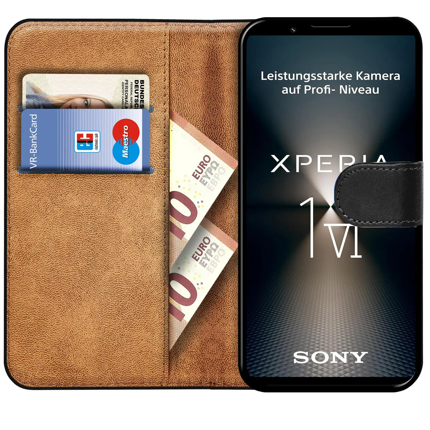 Braune Leder-Klapphülle mit Kartenfächern und Geldscheinen, zeigt Sony Xperia 1 VI.