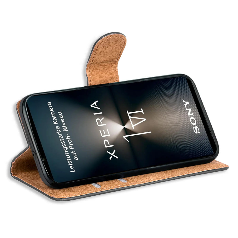 Sony Xperia 1 VI Klapphülle in Schwarz mit Kartenfächern und Schutz