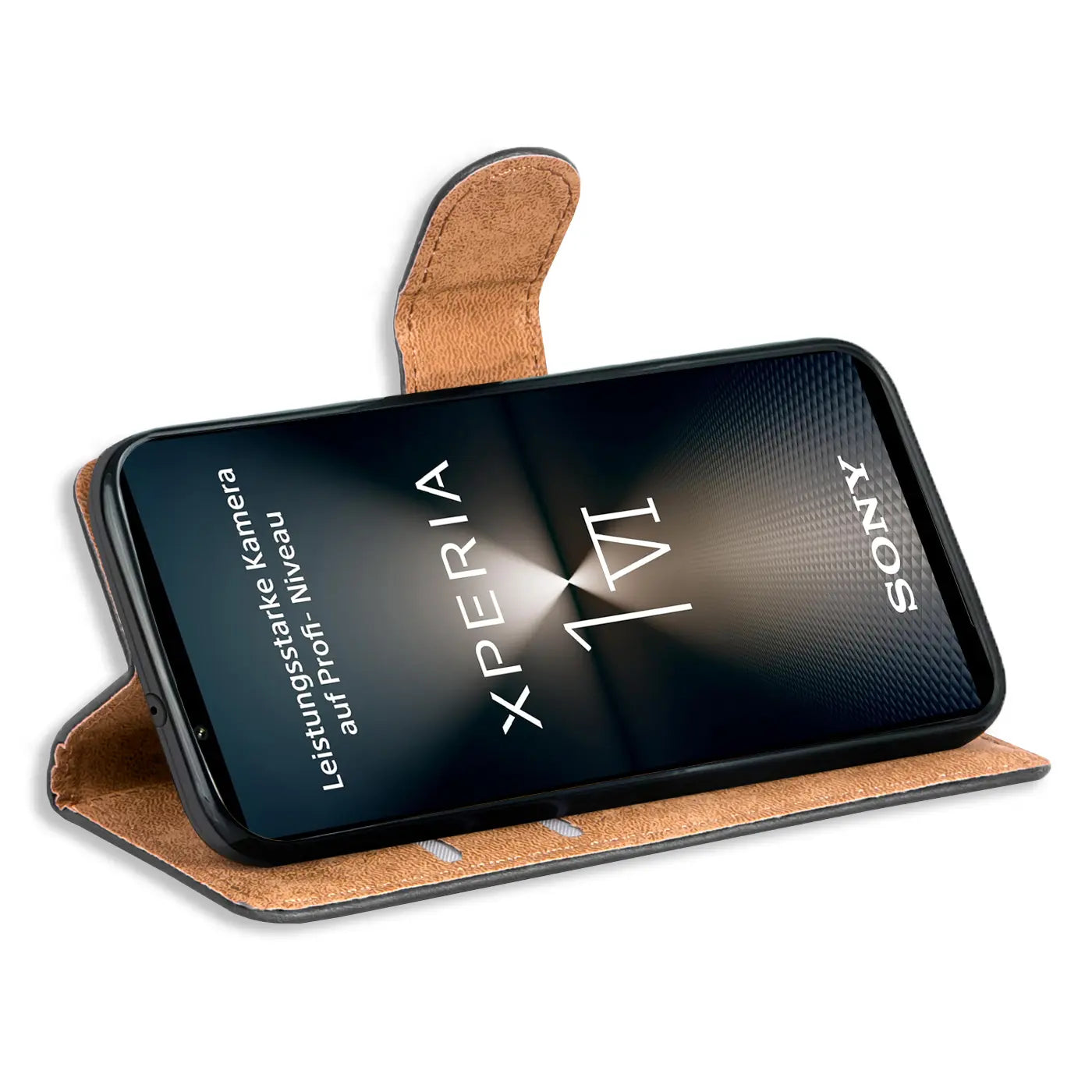 Braune Kunstleder-Klapphülle mit Kartenfächern für Sony Xperia 1 VI, von vorne schräg gezeigt.