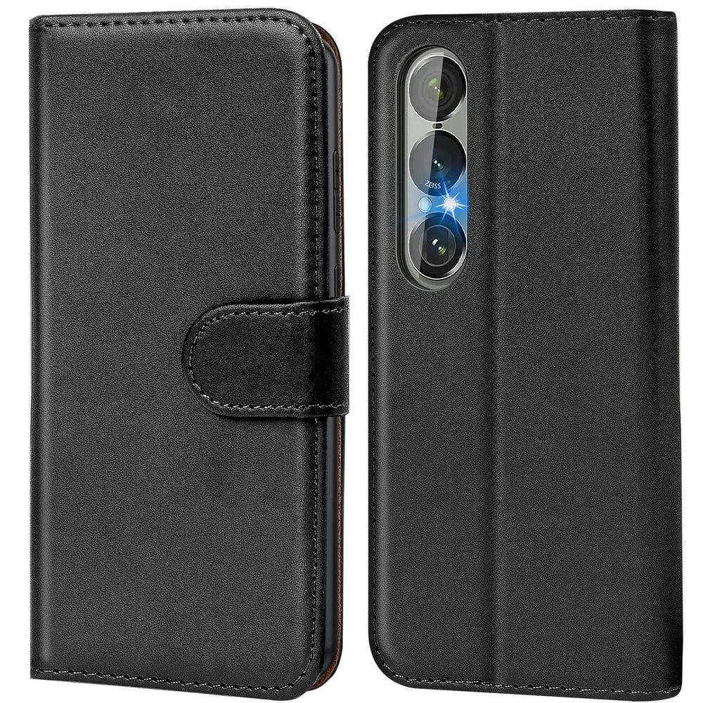 Schwarze Leder-Klapphülle mit Kartenfächern, Vorder- und Rückansicht, Sony Xperia 1 VII.