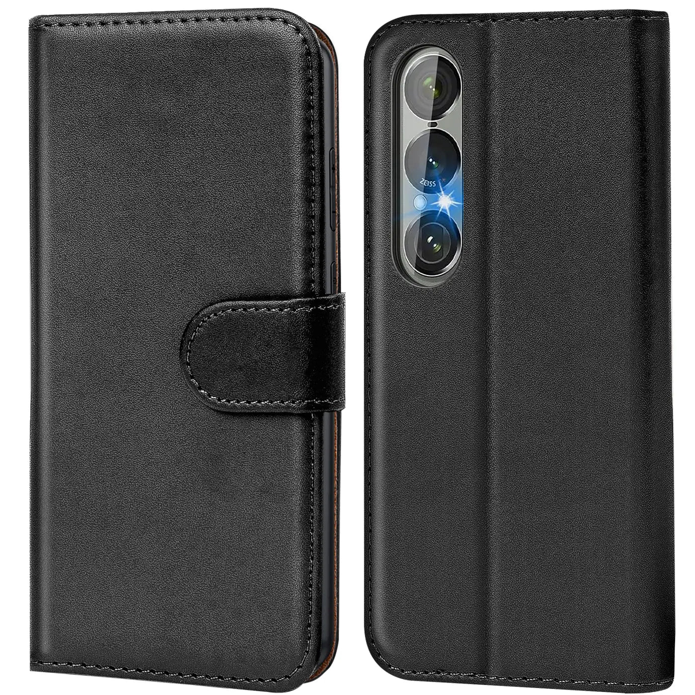 Schwarze Leder-Klapphülle mit Kartenfächern, Vorder- und Rückansicht, Sony Xperia 1 VII.