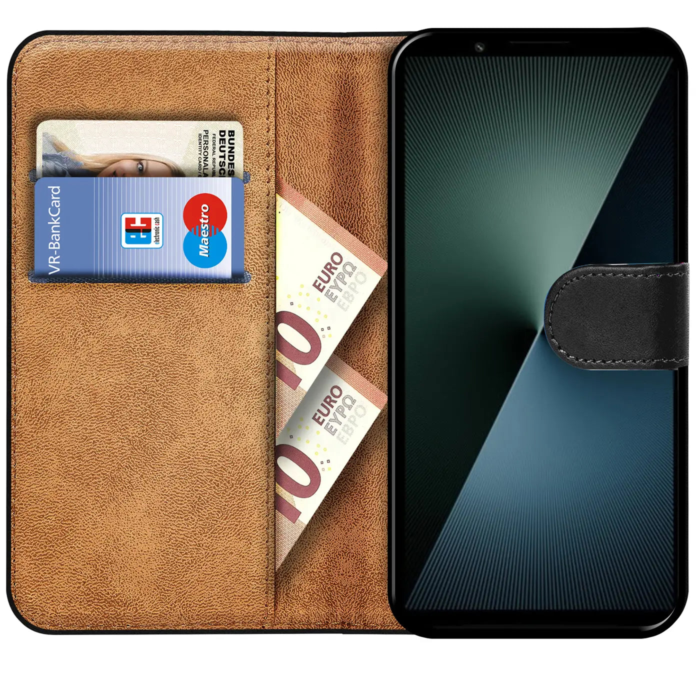 Braune Leder-Klapphülle mit Kartenfächern und Geldscheinen, zeigt Sony Xperia 1 VII.