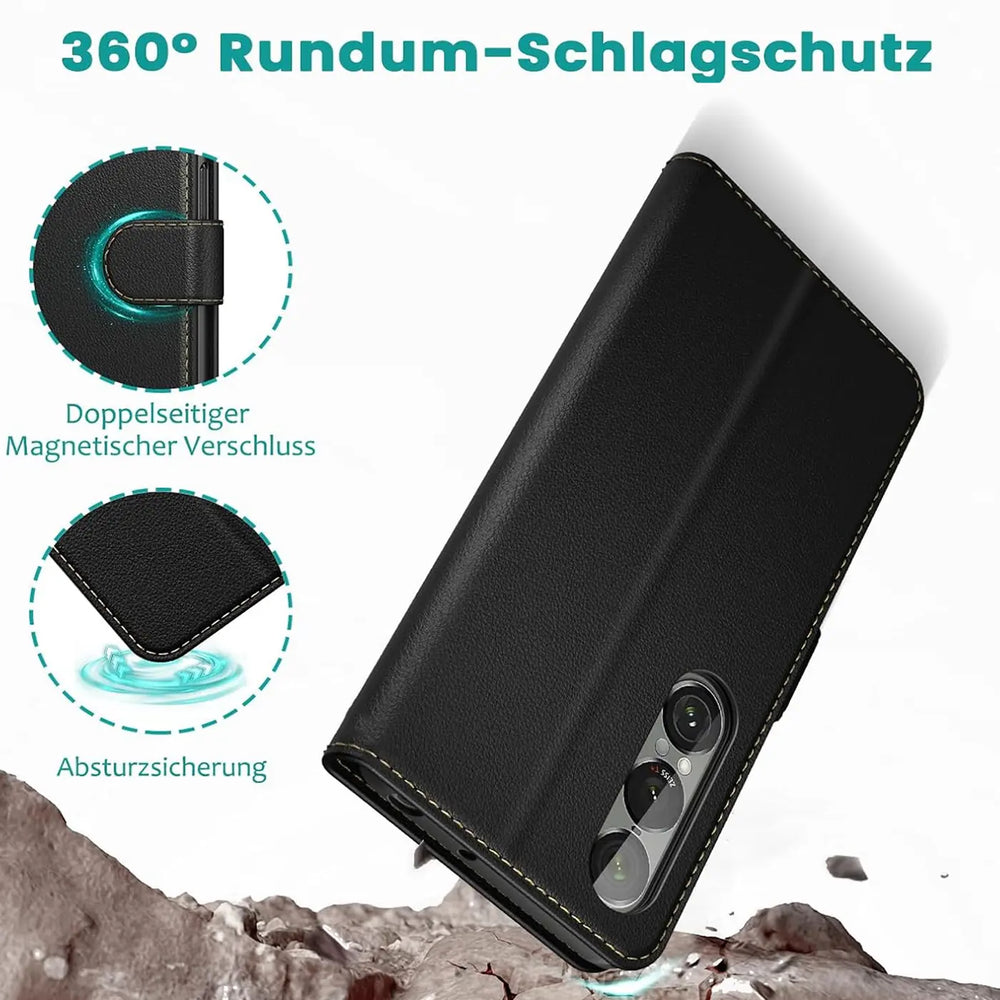 Schwarze Leder-Klapphülle mit Kartenfächern für Sony Xperia 1 VII, schräg von oben.
