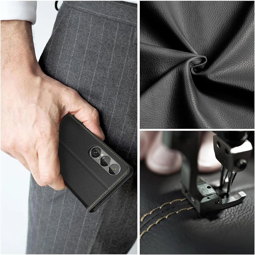 Schwarze Leder-Klapphülle für Sony Xperia 1 VII, von vorne gezeigt, mit drei Kameras.