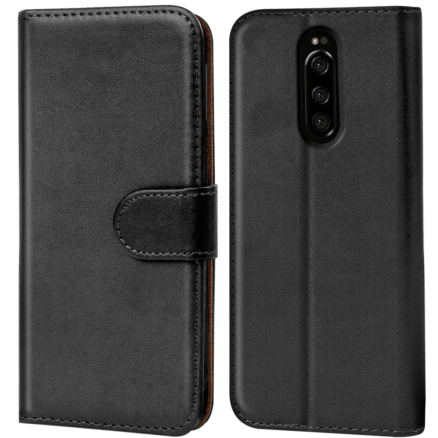 Schwarze Leder-Klapphülle mit Kartenfächern, Vorder- und Rückansicht, Sony Xperia 1