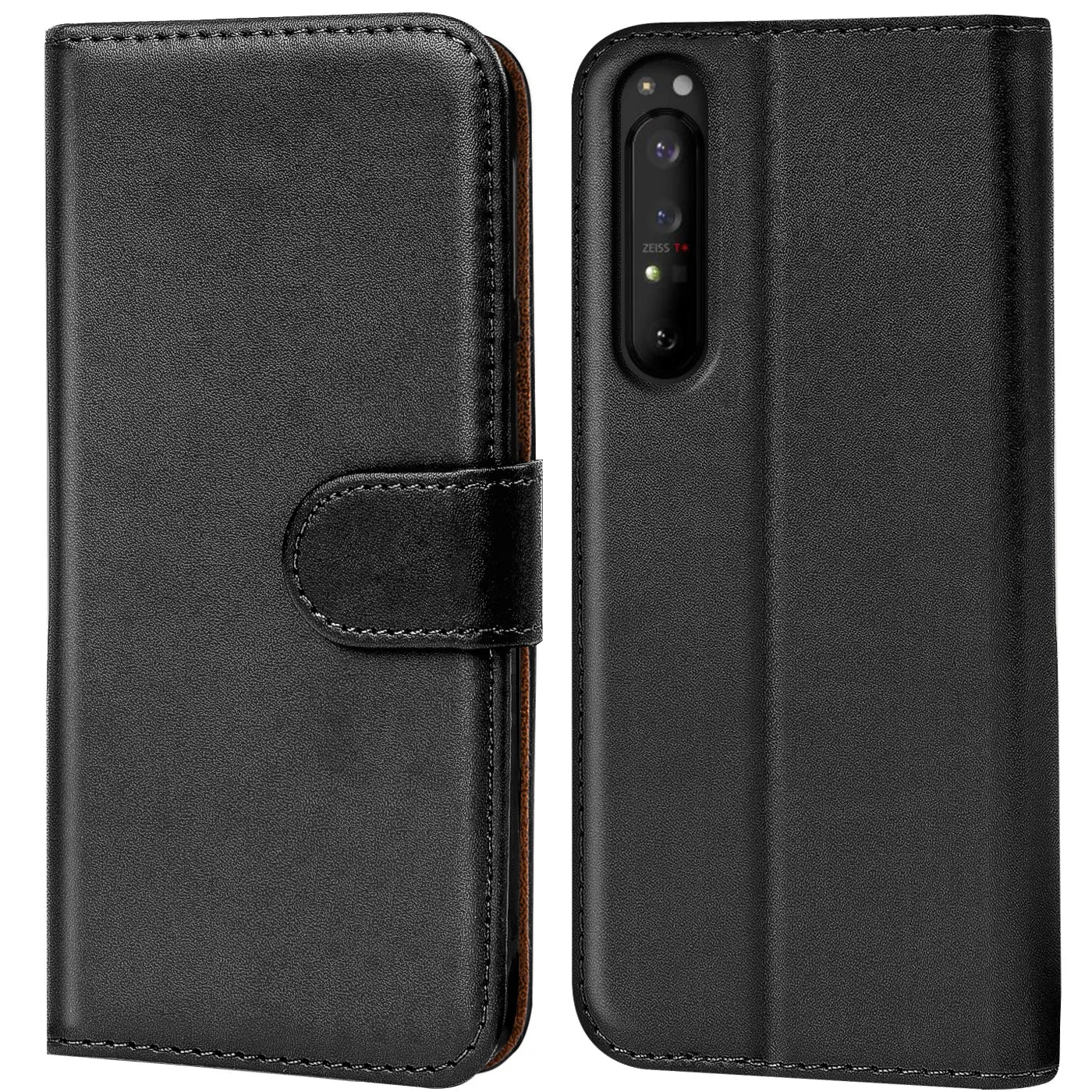 Schwarze Leder-Klapphülle mit Kartenfächern für Sony Xperia 5 II, Vorder- und Rückansicht