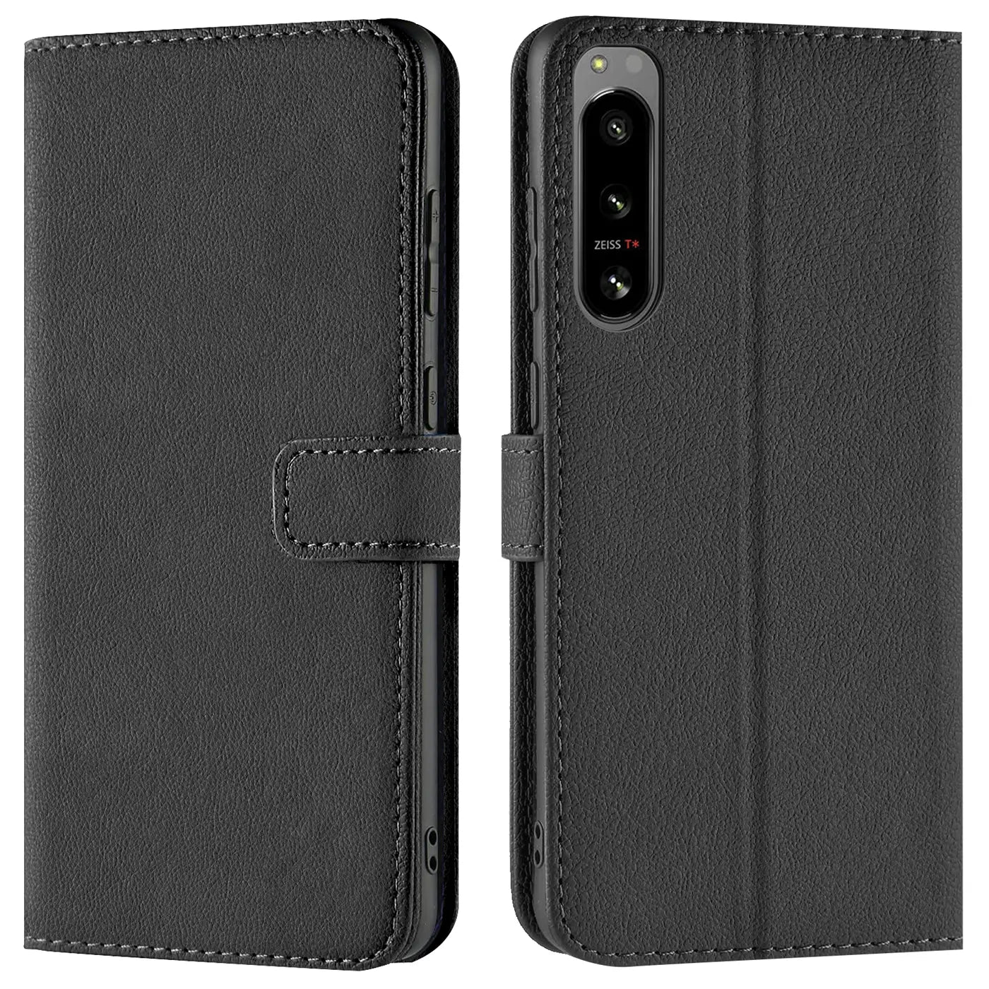 Schwarze Leder-Klapphülle mit Kartenfächern, Vorder- und Rückansicht, Sony Xperia 5 IV.