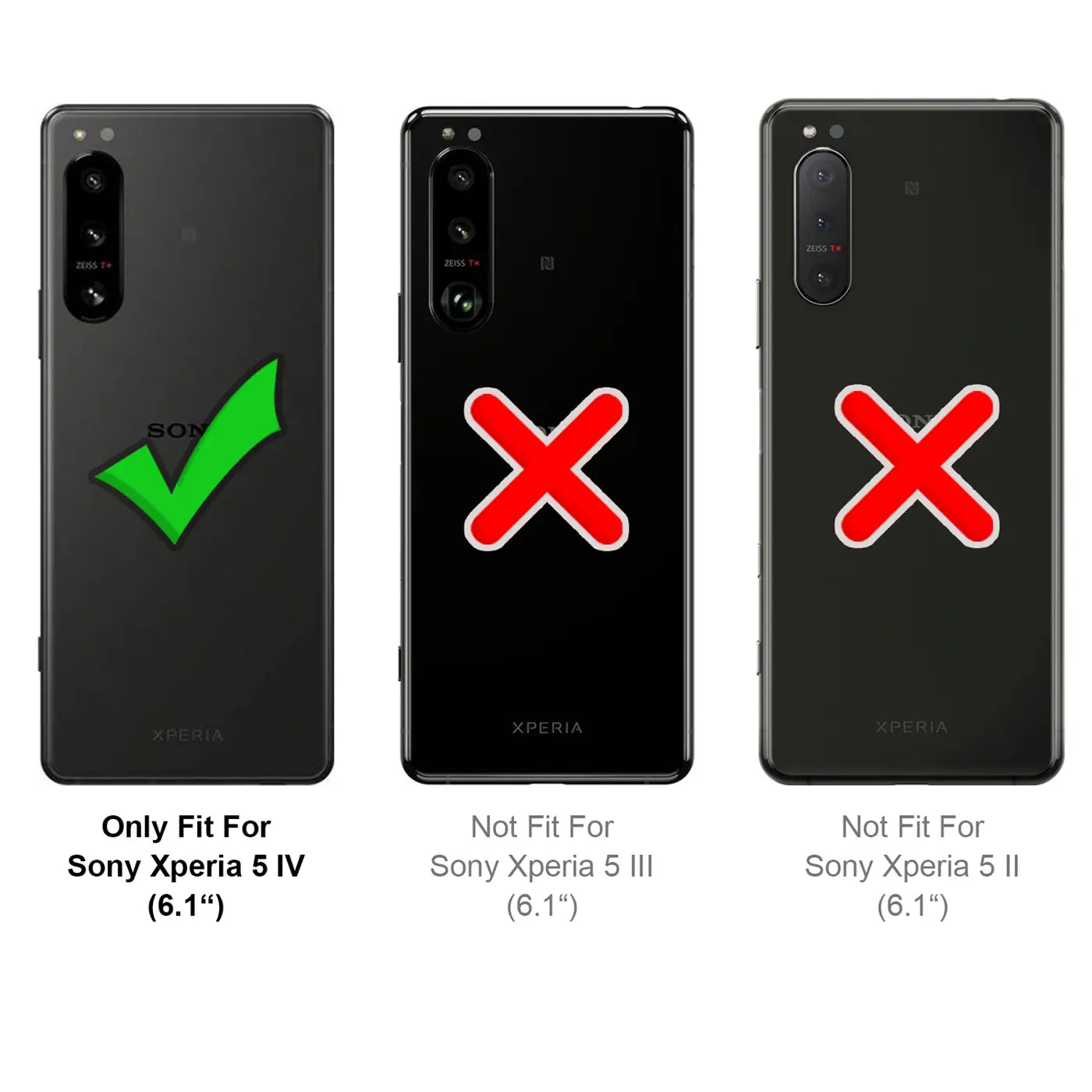 Drei Sony Xperia Smartphones (IV, III, II) mit roten X und grünem Haken.