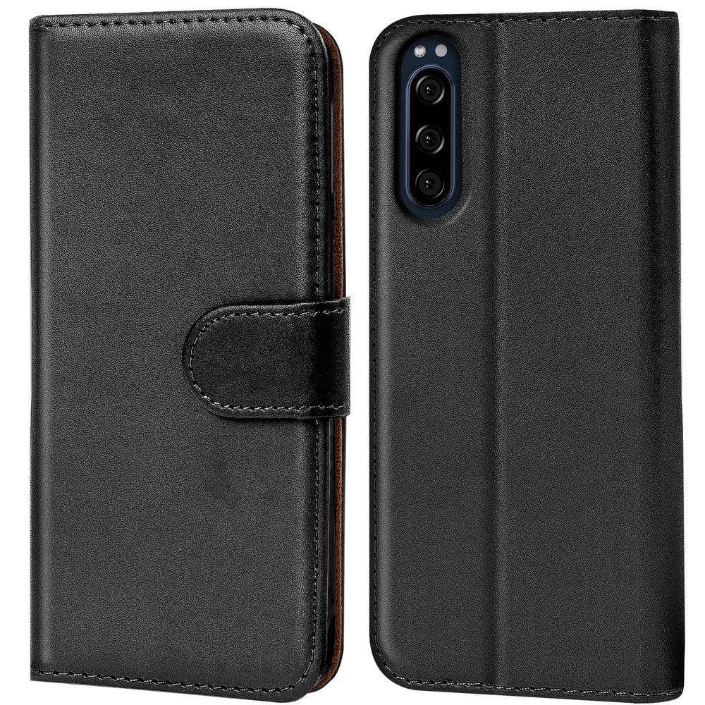 Schwarze Leder-Klapphülle mit Kartenfächern, Vorder- und Rückansicht, Sony Xperia 5.