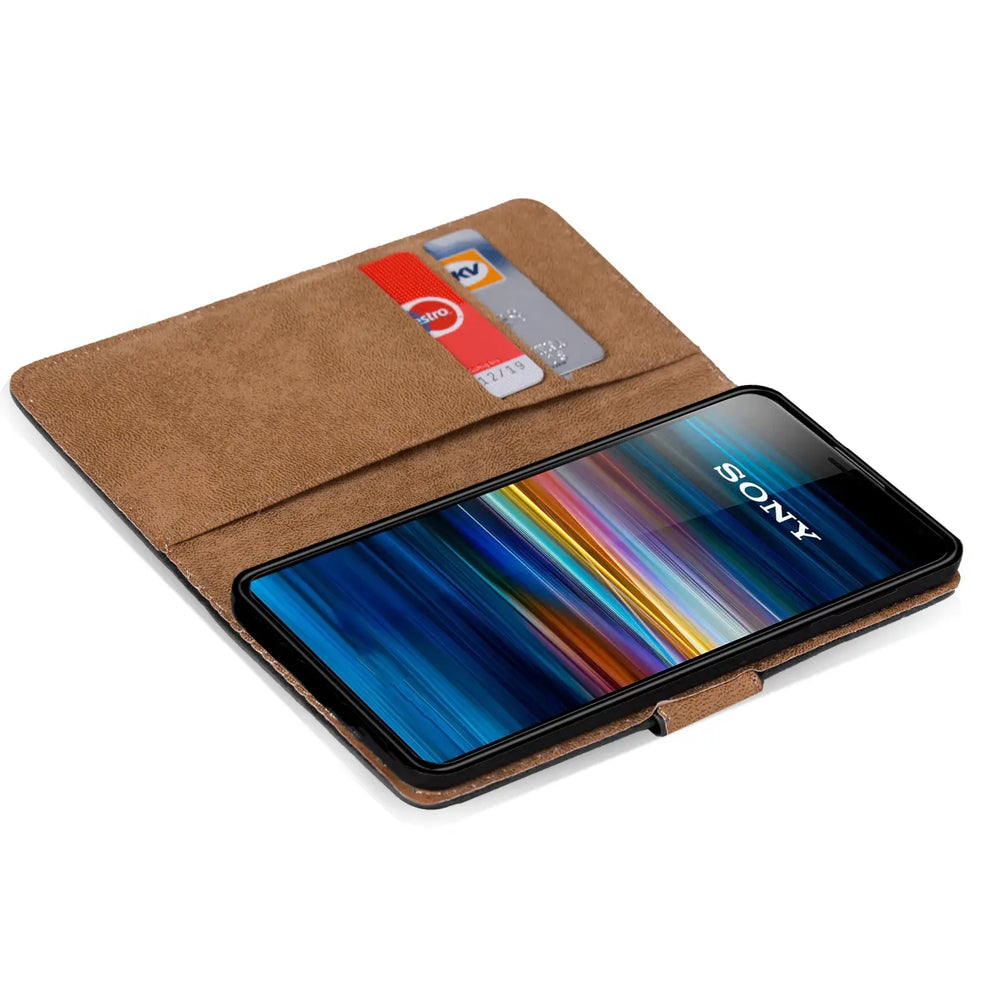Braune Kunstleder-Klapphülle mit Kartenfächern, geöffnet, zeigt Sony Xperia 5.