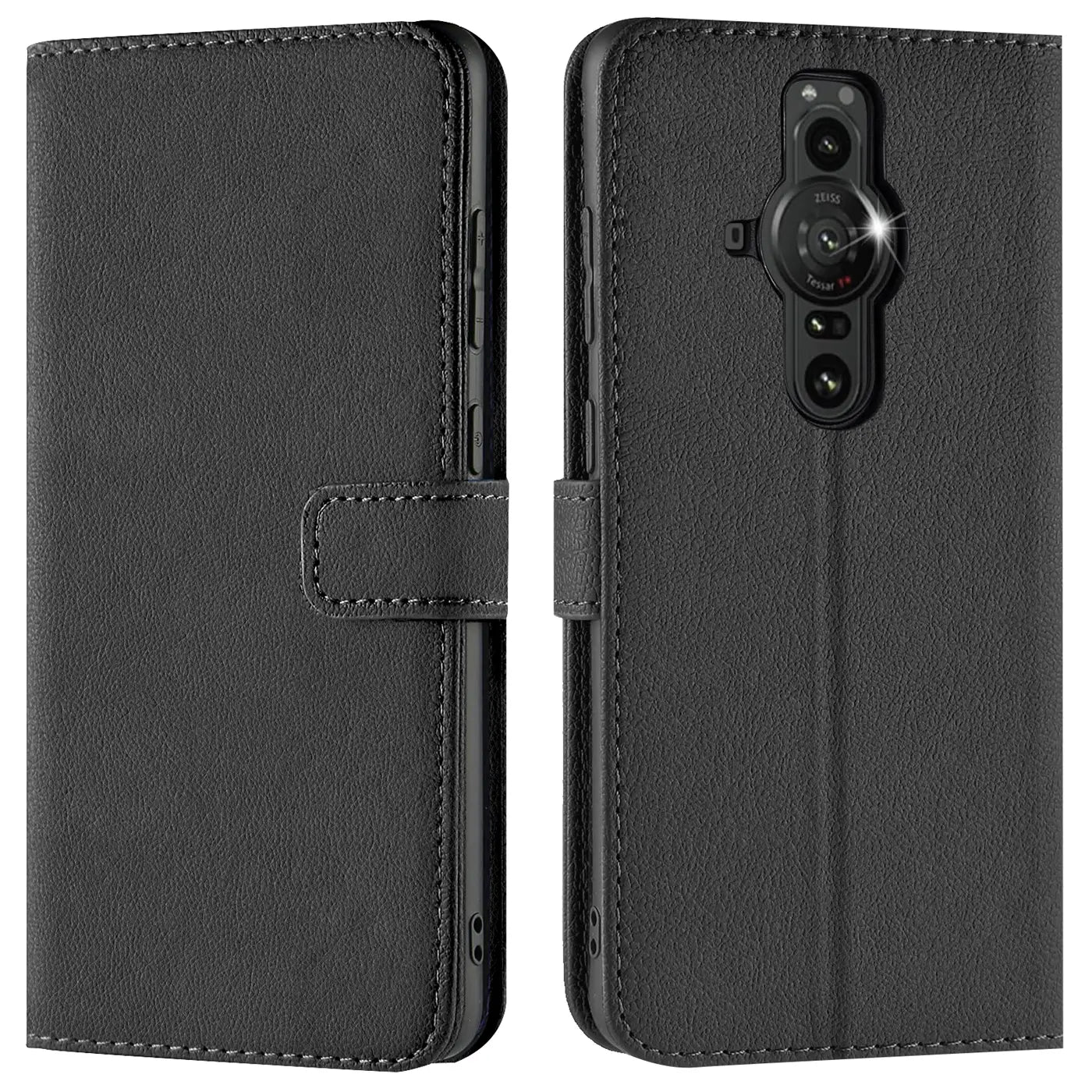 Schwarze Leder-Klapphülle mit Kartenfächern für Sony Xperia PRO-I, Vorder- und Rückansicht.