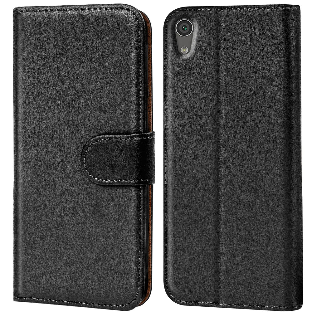 Schwarze Leder-Klapphülle mit Kartenfächern, Vorder- und Rückansicht, für Sony Xperia XA1.