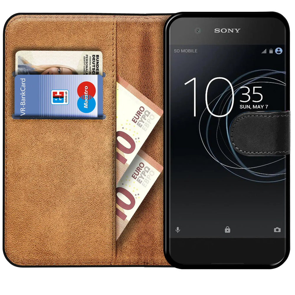 Braun Kunstleder Klapphülle mit Kartenfächern, Sony Xperia XA1, von vorne
