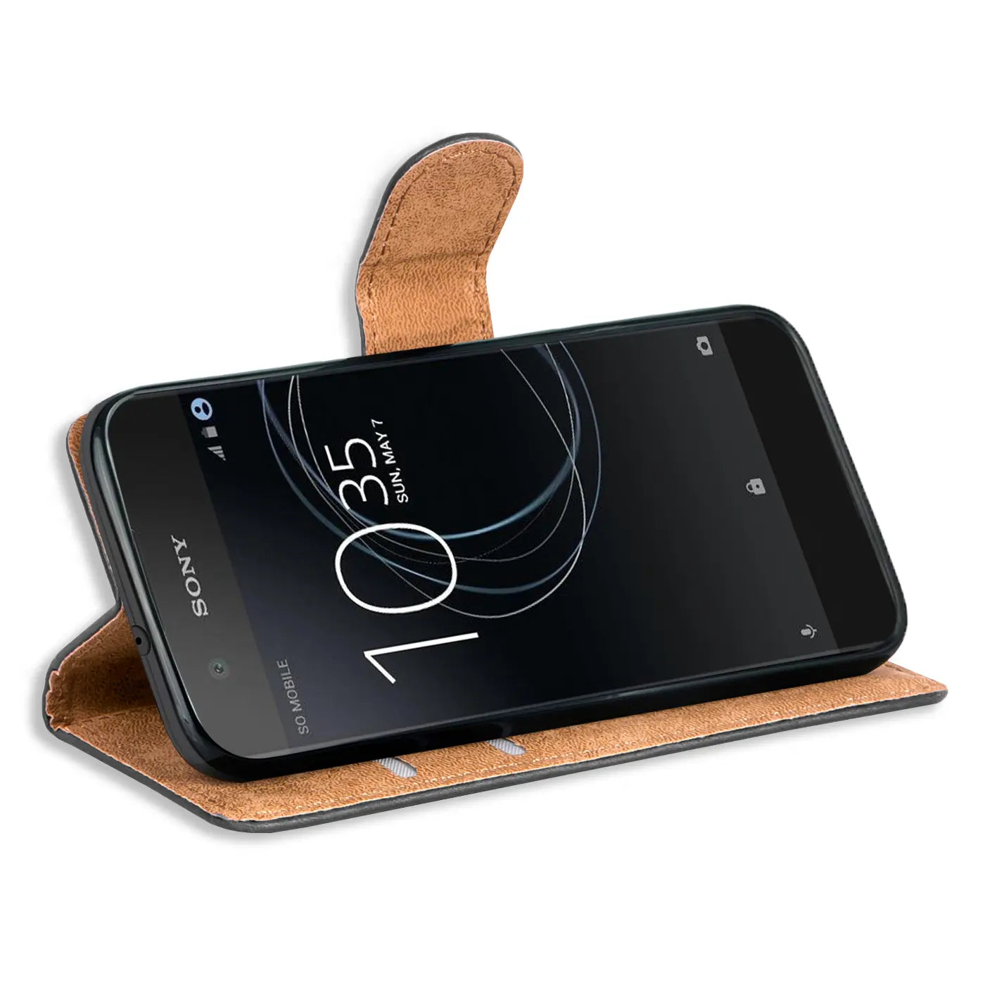 Braune Kunstleder-Klapphülle mit Kartenfächern, Sony Xperia XA1 Ultra, Seitenansicht.