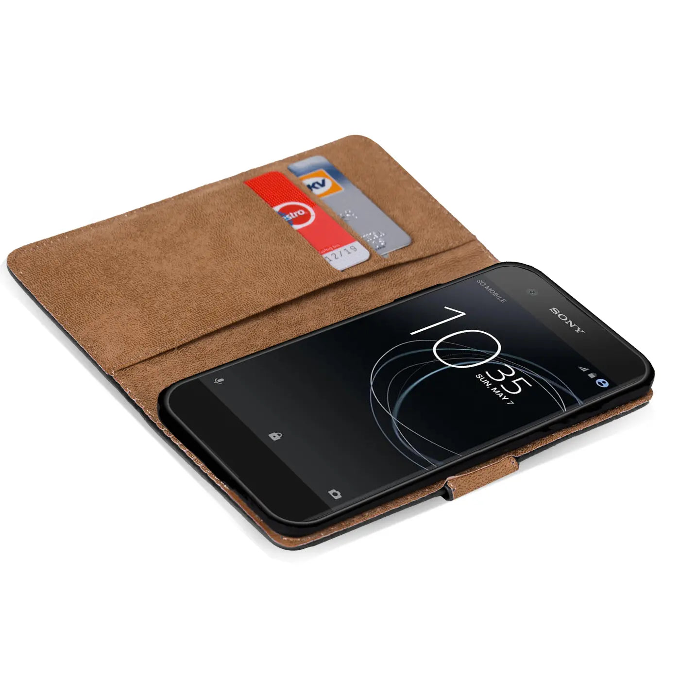 Braune Kunstleder-Klapphülle mit Kartenfächern, Sony Xperia XA1 Ultra, von oben