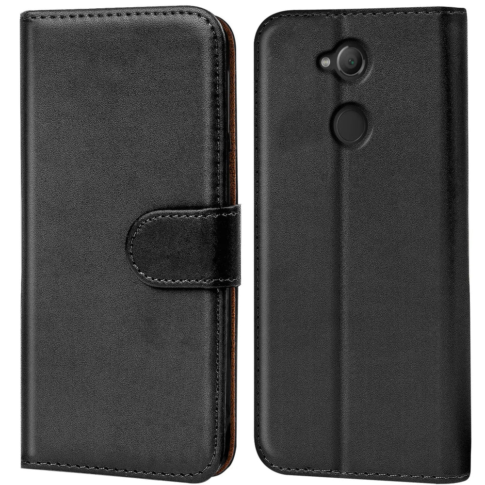 Schwarze Leder-Klapphülle mit Kartenfächern, Vorder- und Rückansicht, für Sony Xperia XA2.