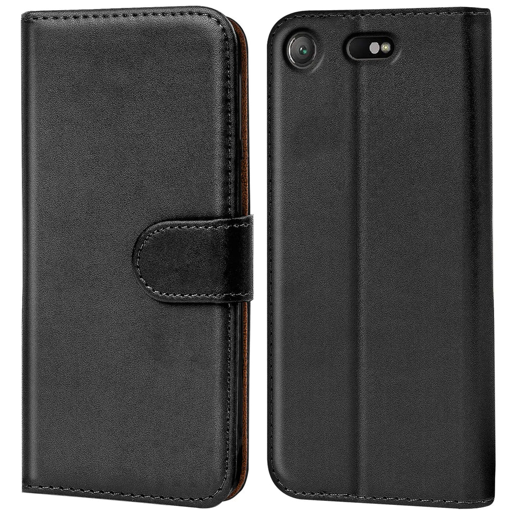Schwarze Leder-Klapphülle mit Kartenfächern, Vorder- und Rückansicht, für Sony Xperia XZ1 Compact.