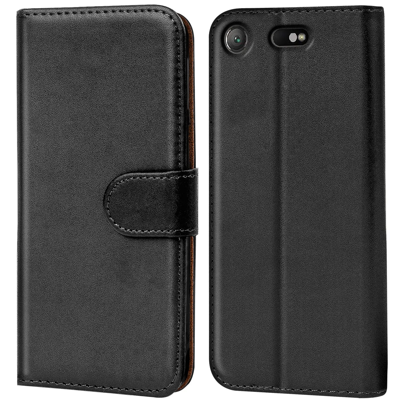 Schwarze Leder-Klapphülle mit Kartenfächern, Vorder- und Rückansicht, für Sony Xperia XZ1 Compact.