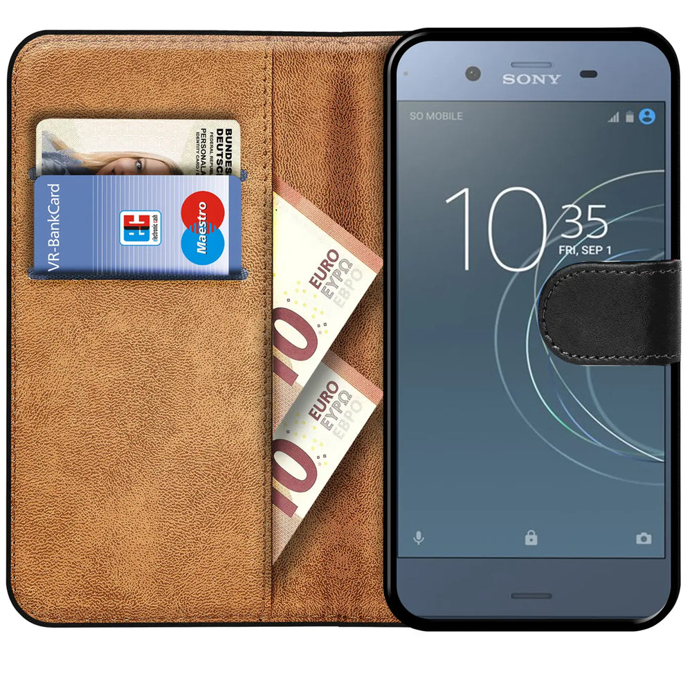 Braune Leder-Klapphülle mit Kartenfächern und Geldscheinfach, zeigt Sony Xperia XZ1 Compact.