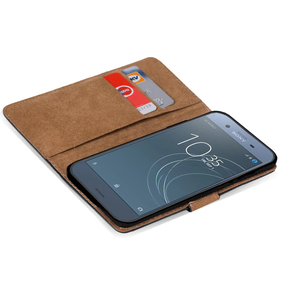 Braune Klapphülle aus Leder mit Kartenfächern, Sony Xperia XZ1 Compact, von oben schräg
