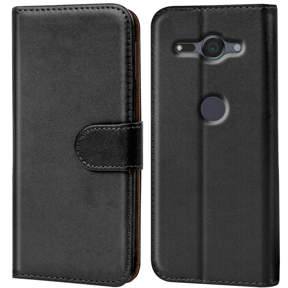Schwarze Leder-Klapphülle mit Kartenfächern, Vorder- und Rückansicht, für Sony Xperia XZ2 Compact.